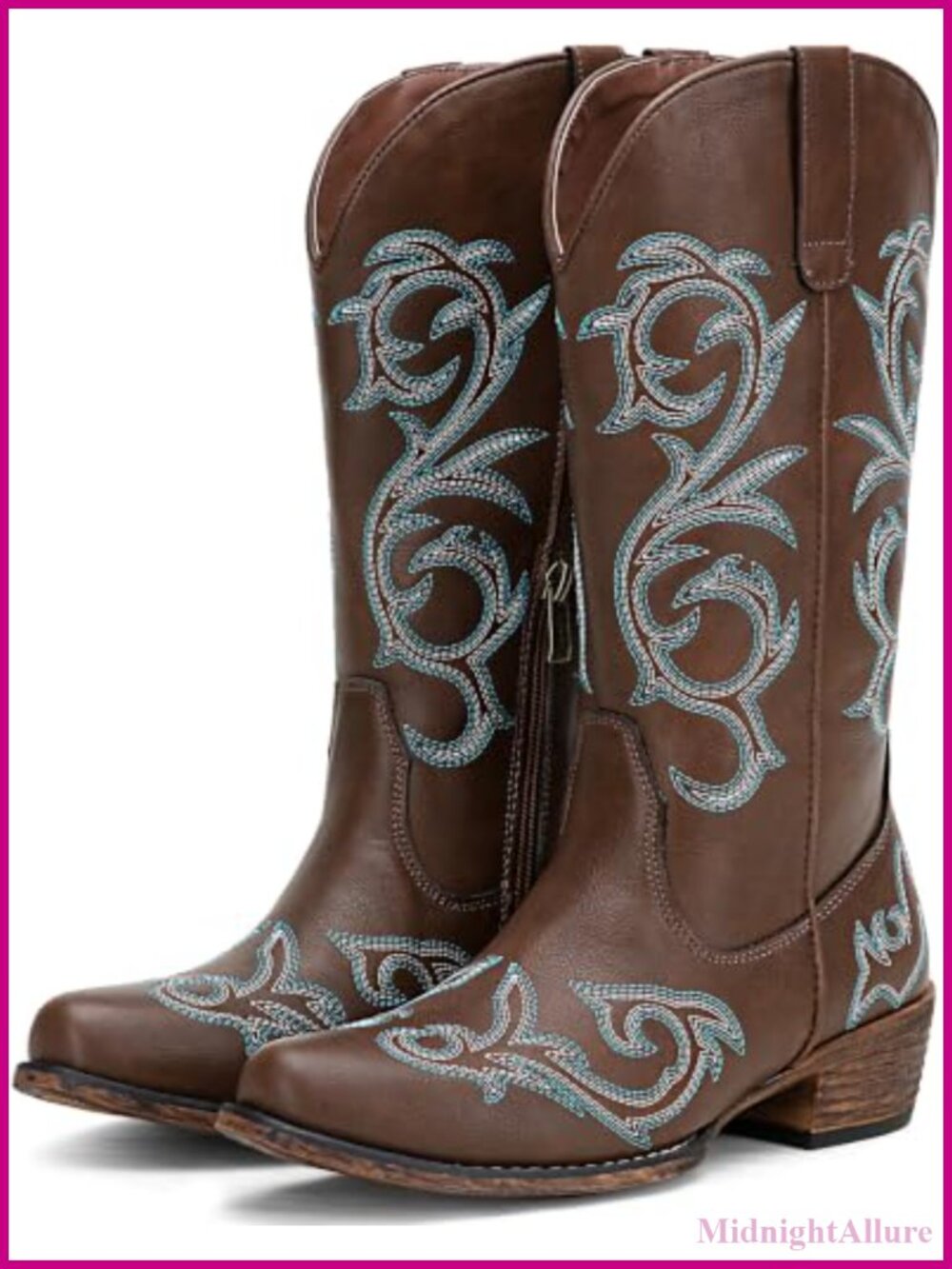 Wide Calf Cowboy Boots Faux Leather Embroidered Mid Calf Western